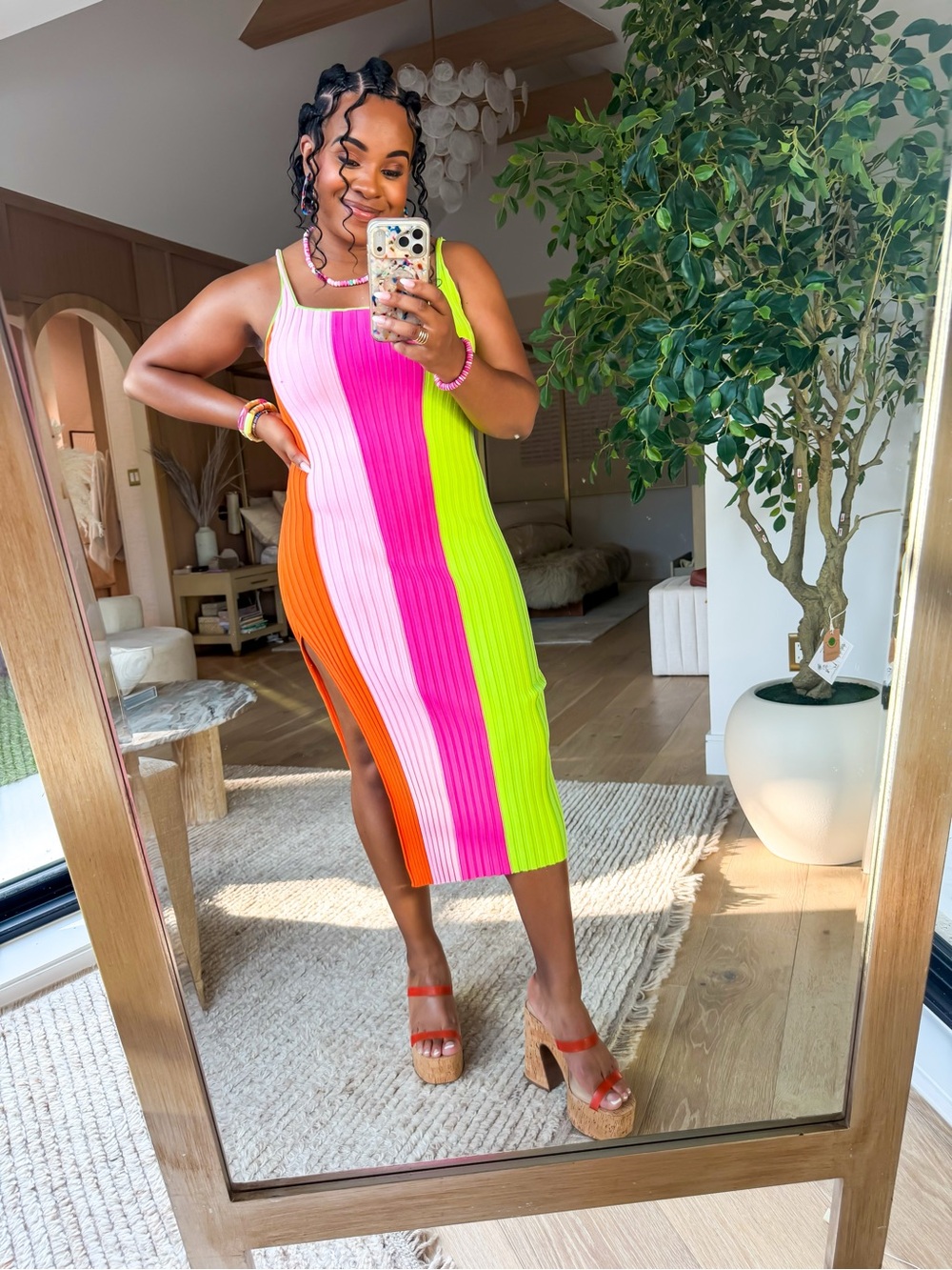 Vici Neon Colorblock Ribbed Midi Dress - Pink, Hot Pink, Lime, Orange